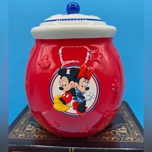 Disney Mickey & Minnie Mouse Ceramic Vintage Red Cookie Jar Canister Lid 7” X 6”